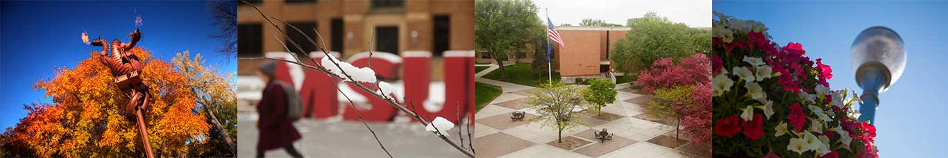 MSUM campus photos of the four seasons; left to right: fall, winter, spring, summer